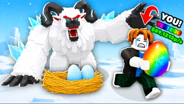 Steal An Egg game artwork showing a Yeti, nest eggs and a player carrying an egg